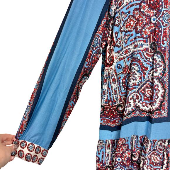 Farm Rio Blue Red White Paisley Collared Button Up Shirt Ruffle Mini Dress sz L - Picture 11 of 16